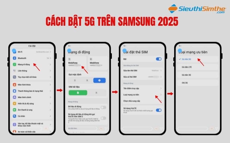 Các bước bật 5G trên samsung 2025