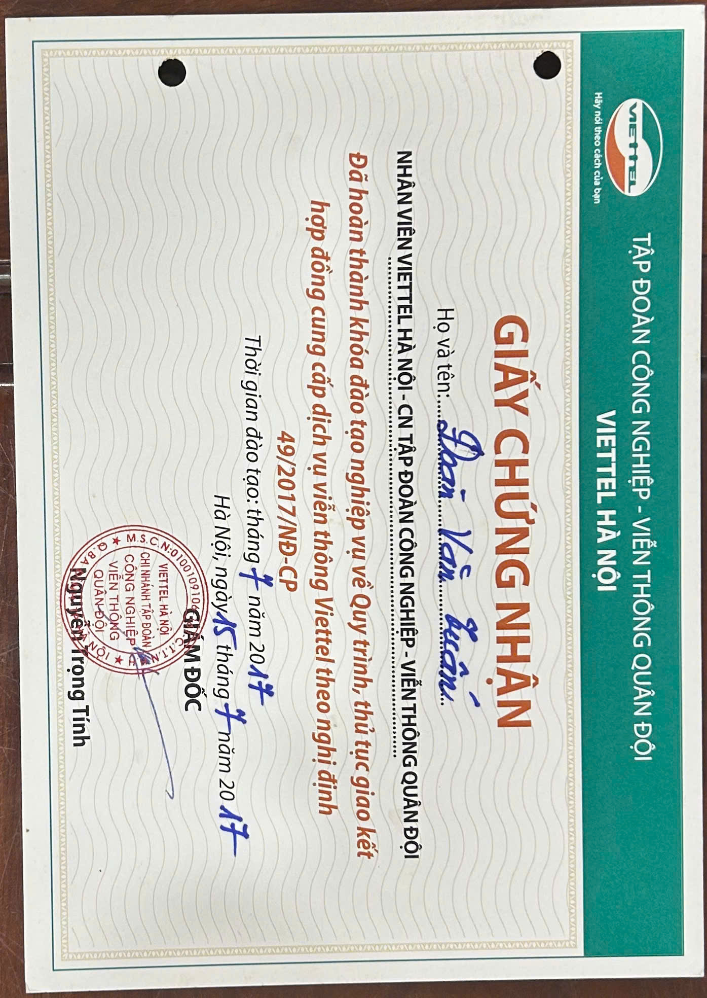 Chứng nhận nghiệp vụ viễn thông viettel năm 2017
